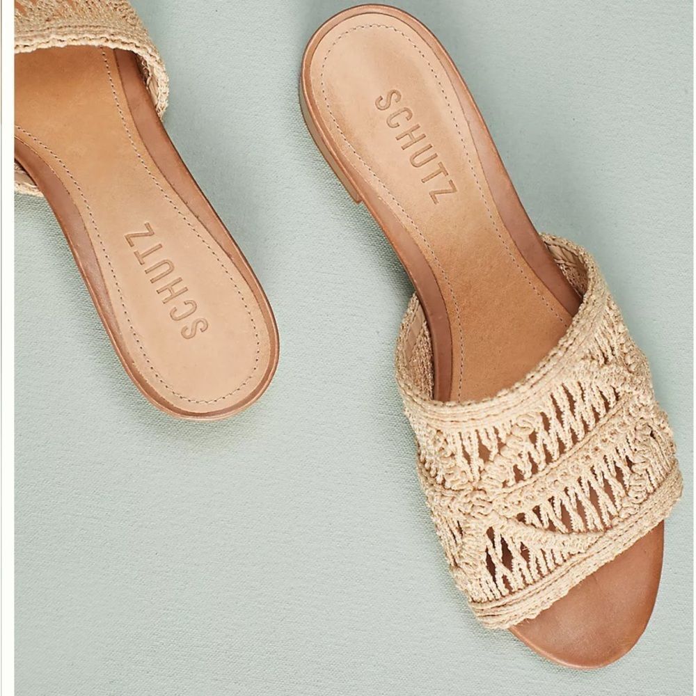 Schutz Nahara Cru Woven Slides Sandals Beige Woven Crochet Anthropologie Sz 10 - Picture 3 of 12